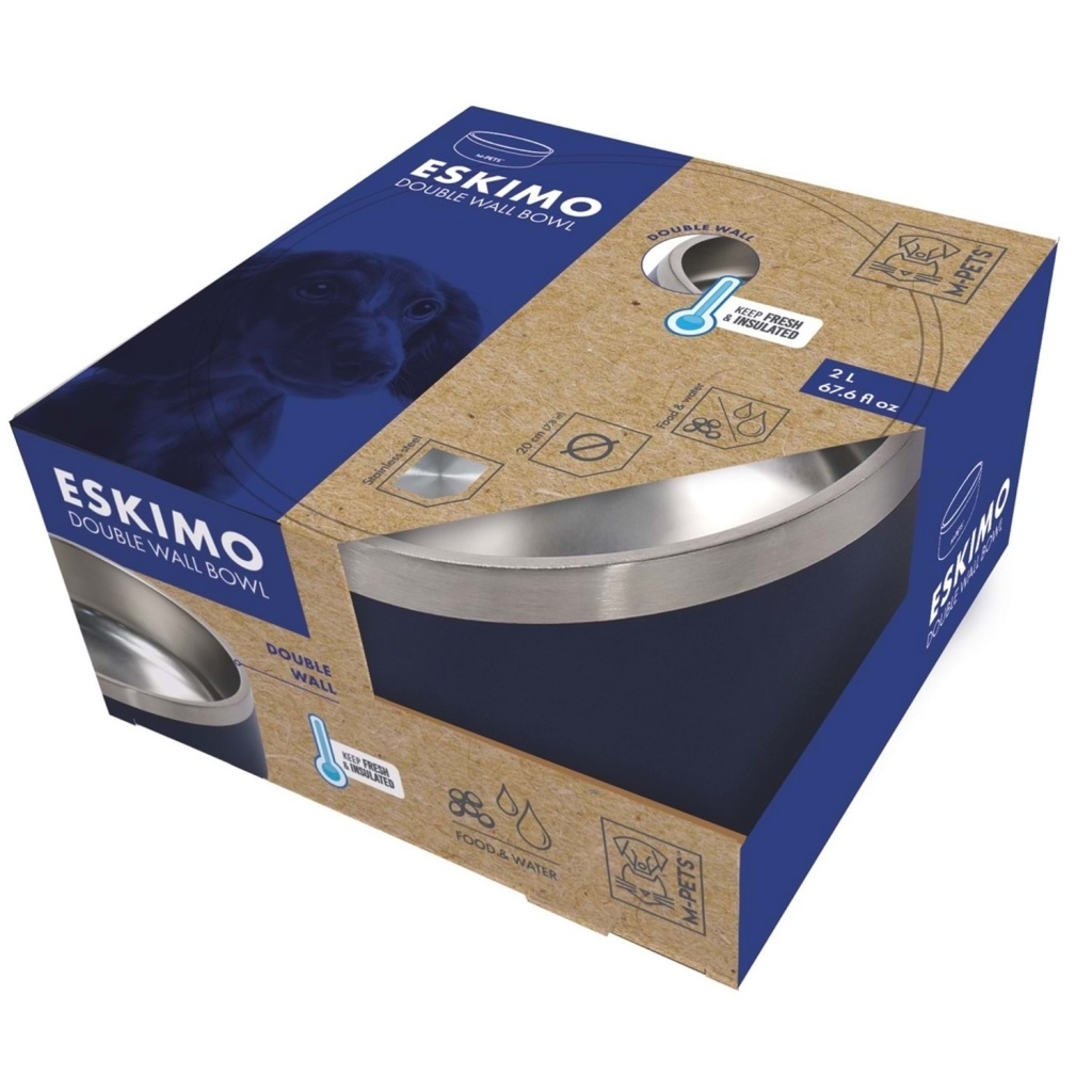 M-Pets Eskimo Çift Cidarlı Köpek Mama ve Su Kabı 2000ml (Mavi)