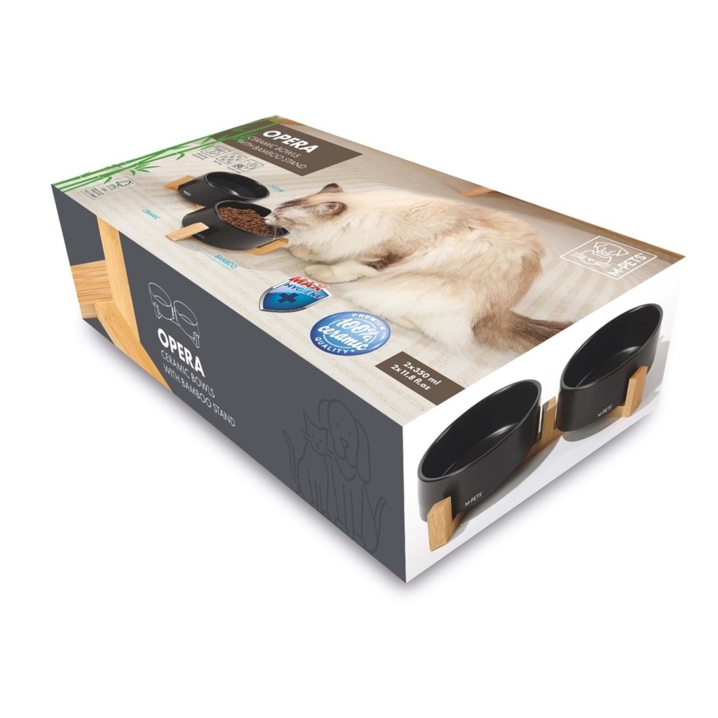 M-Pets Opera Bambu Standlı Seramik Kedi Mama ve Su Kabı 2x350ml (Siyah)