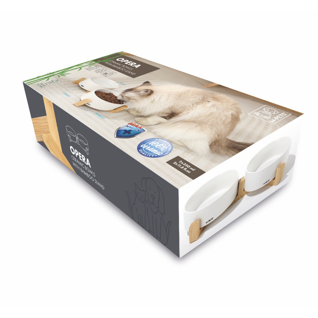 M-Pets Opera Bambu Standlı Seramik Kedi Mama ve Su Kabı 2x350ml (Beyaz)