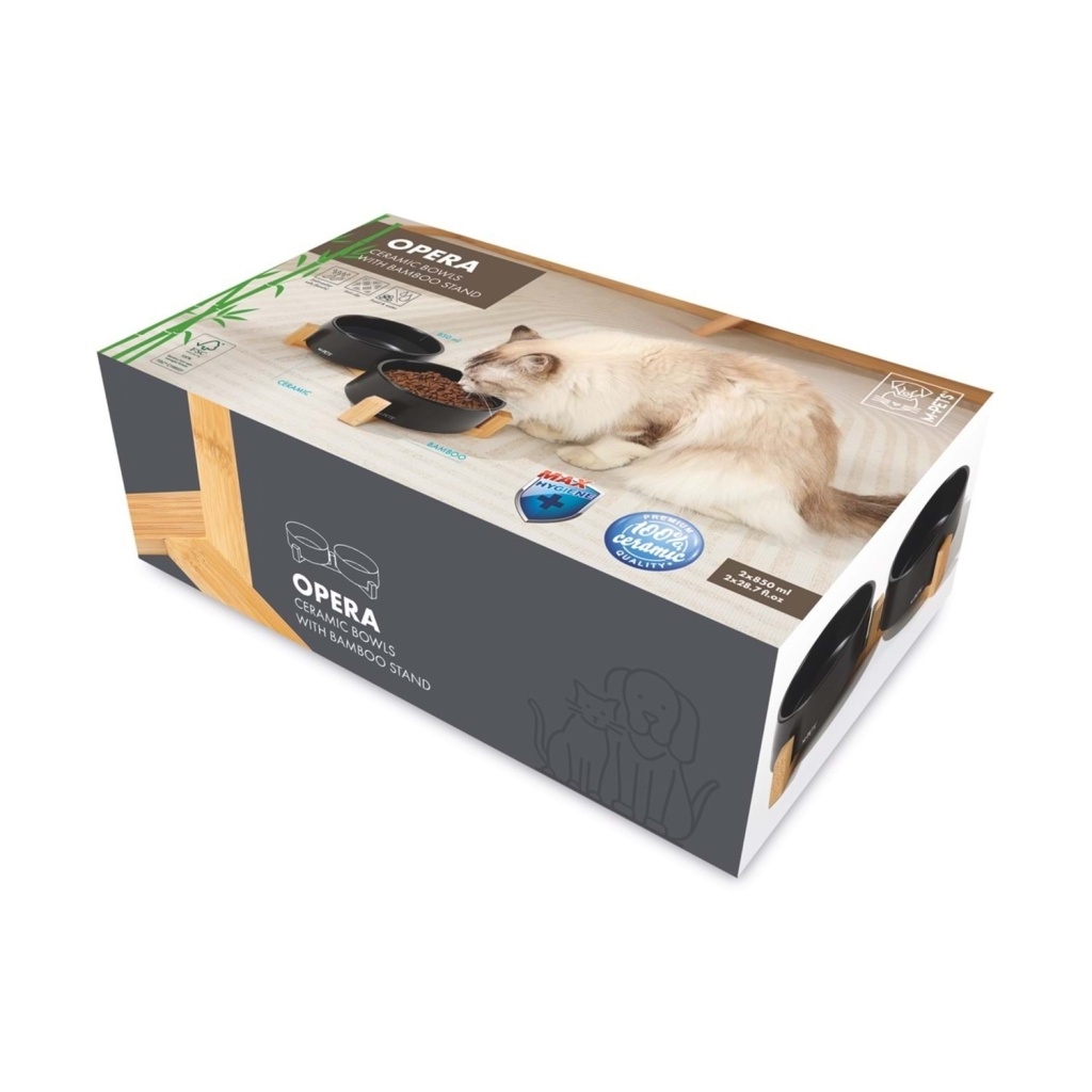 M-Pets Opera Bambu Standlı Kedi ve Köpekler için Seramik Mama ve Su Kabı 2x850ml (Siyah)