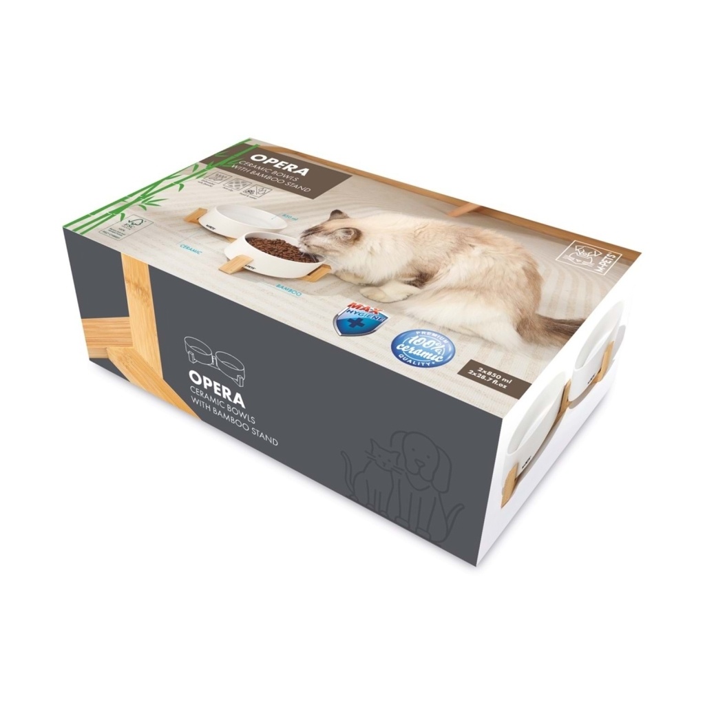M-Pets Opera Bambu Standlı Kedi ve Köpekler için Seramik Mama ve Su Kabı 2x850ml (Beyaz)