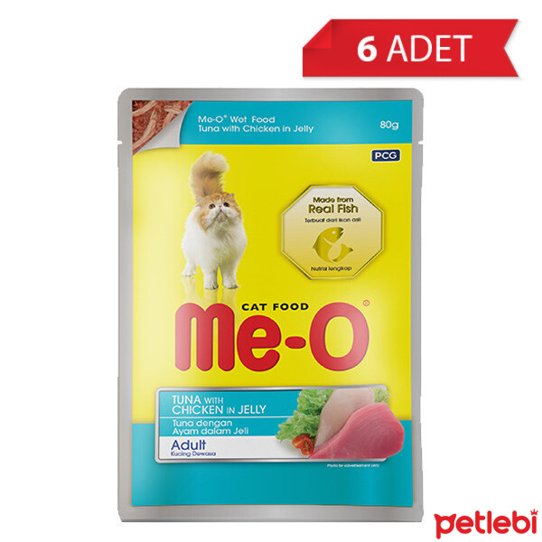 Me-O Jöle İçinde Ton Balıklı ve Tavuk Parçacıklı Yetişkin Kedi Konservesi 80gr (6 Adet)