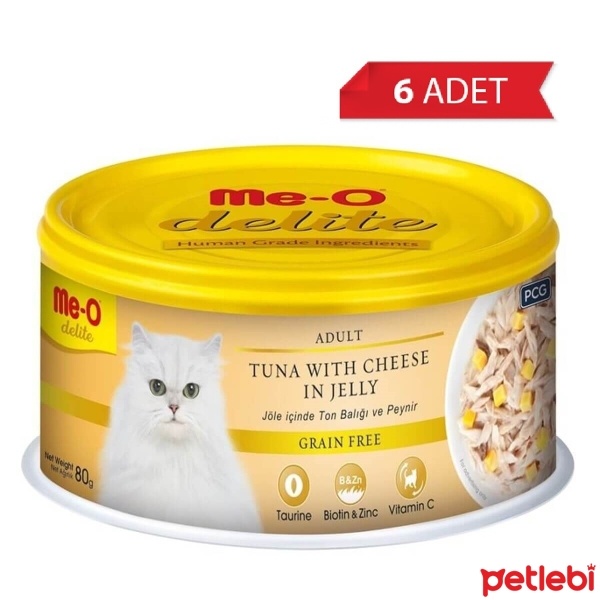 Me-O Delite Jöle İçinde Ton Balıklı ve Peynirli Tahılsız Yetişkin Kedi Konservesi 80gr (6 Adet)