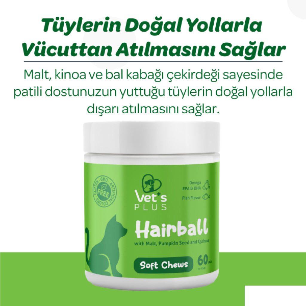 Vet's Plus Hairball Kediler İçin Malt ve Kinoalı Tüy Yumağı Önleyici Çiğnenebilir Tablet (60'lı)