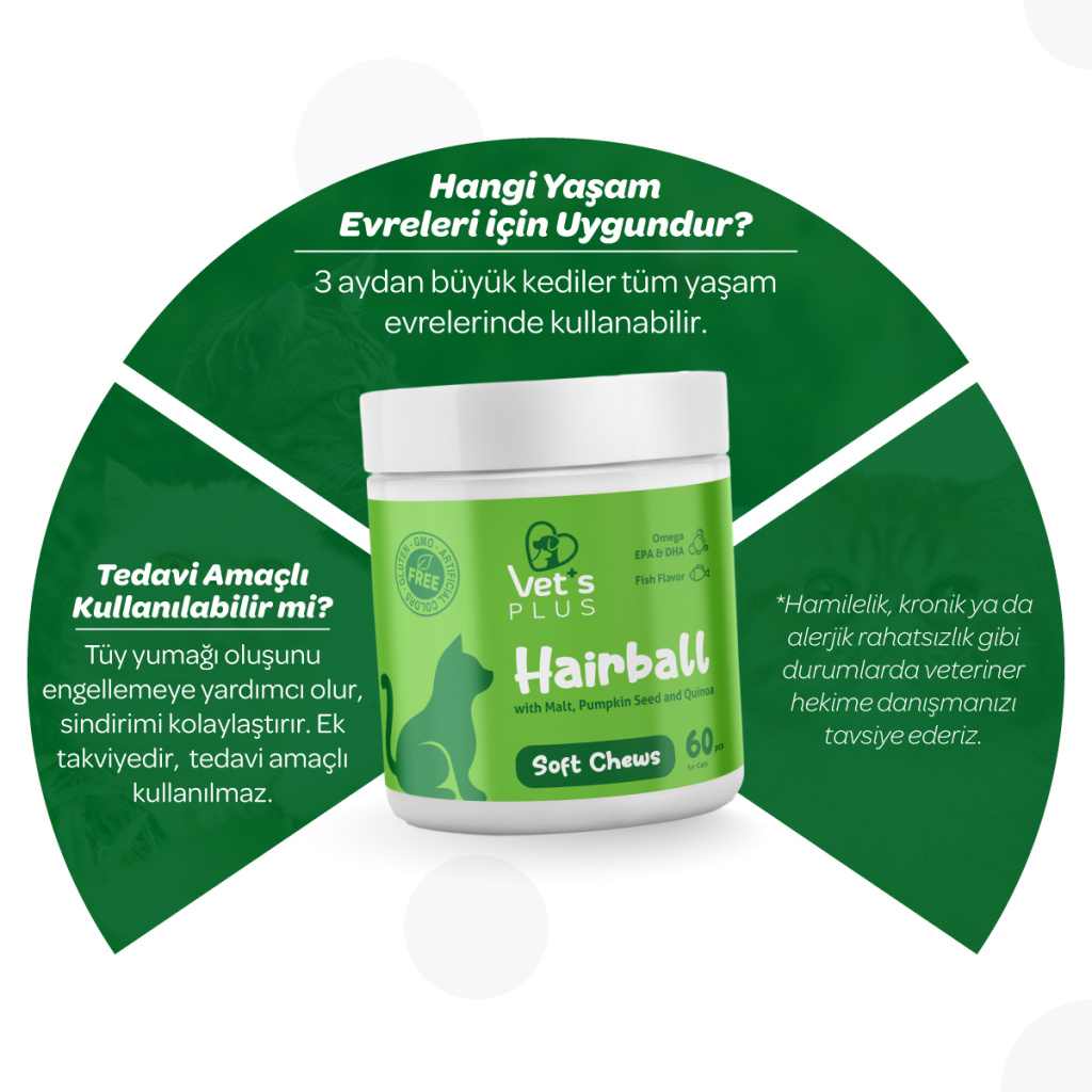 Vet's Plus Hairball Kediler İçin Malt ve Kinoalı Tüy Yumağı Önleyici Çiğnenebilir Tablet (60'lı)