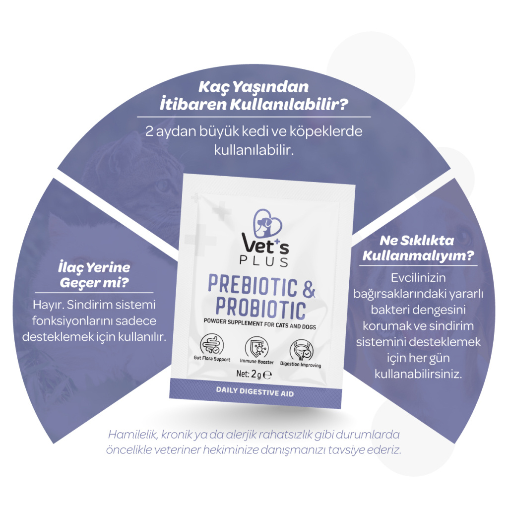 Vet's Plus Kedi ve Köpekler İçin Prebiyotik ve Probiyotik Toz 2gr (30'lu)