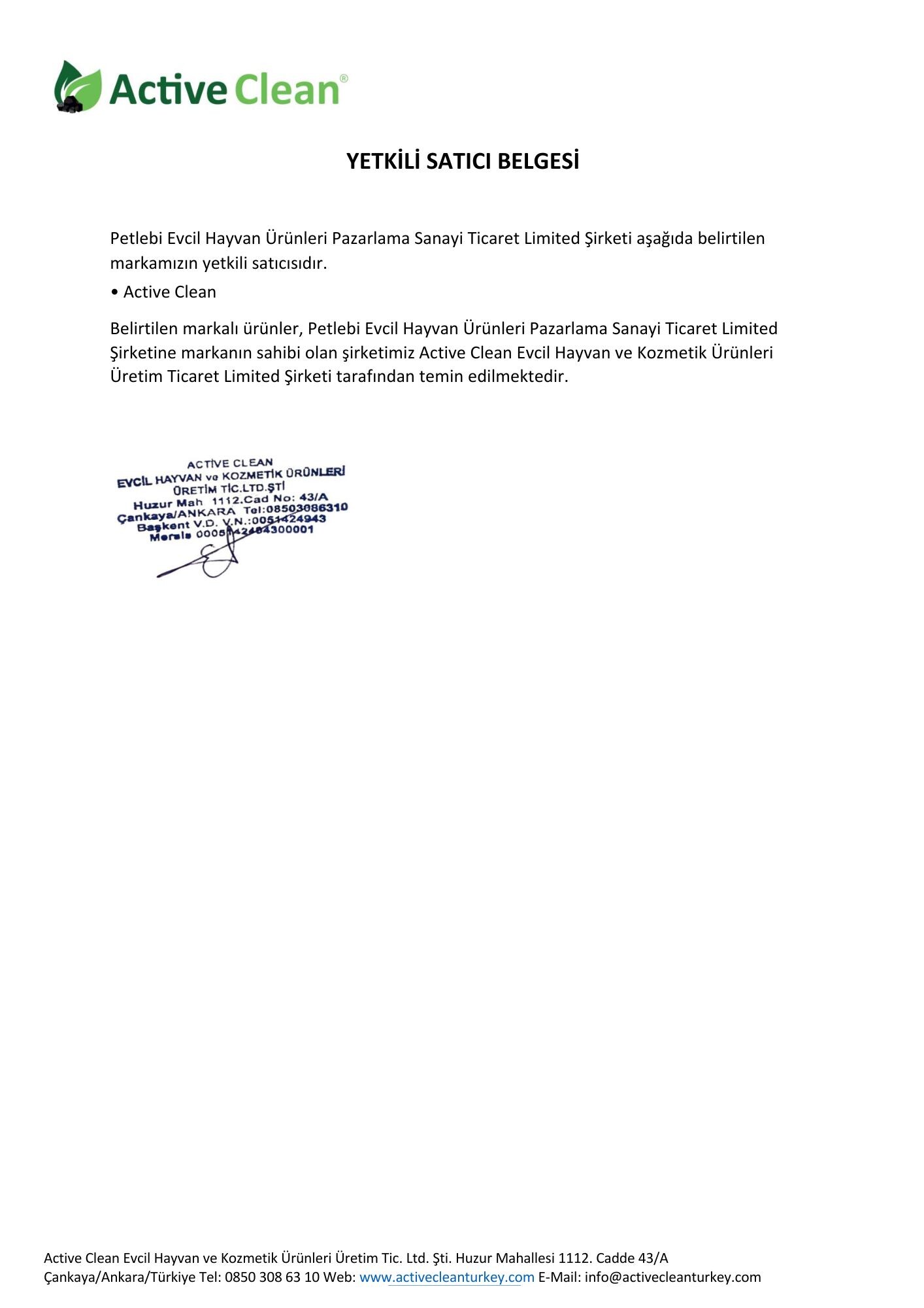 Active Clean Yetkili Satıcı Belgesi