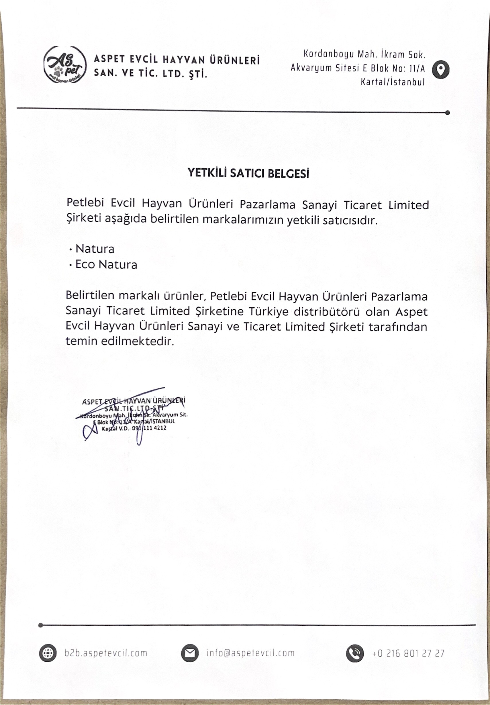 Natura Yetkili Satıcı Belgesi