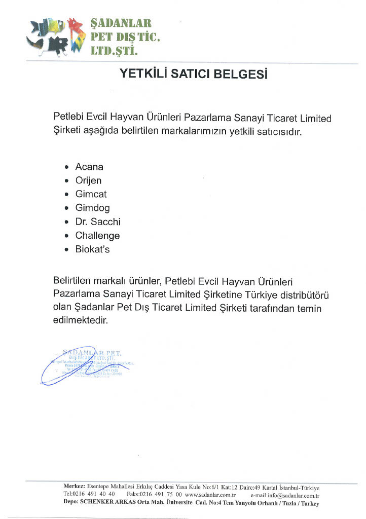 Orijen Yetkili Satıcı Belgesi