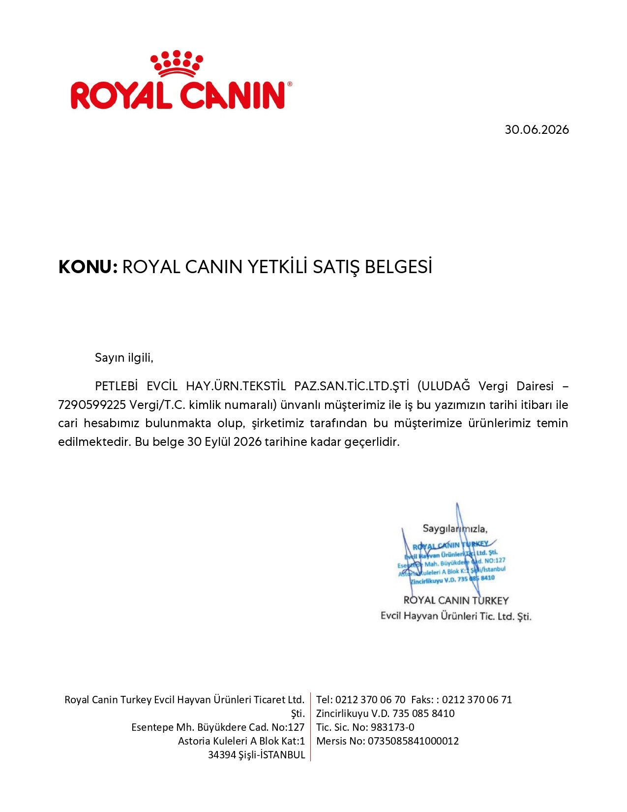 Royal Canin Yetkili Satıcı Belgesi