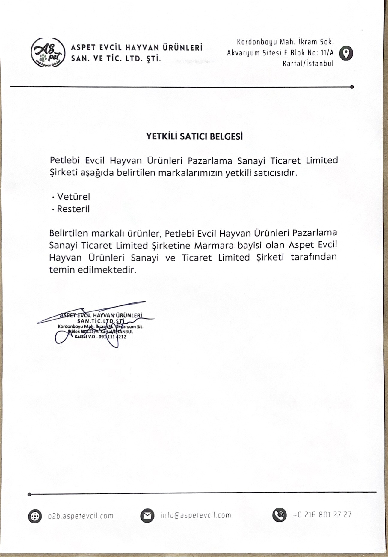 Veturel Yetkili Satıcı Belgesi