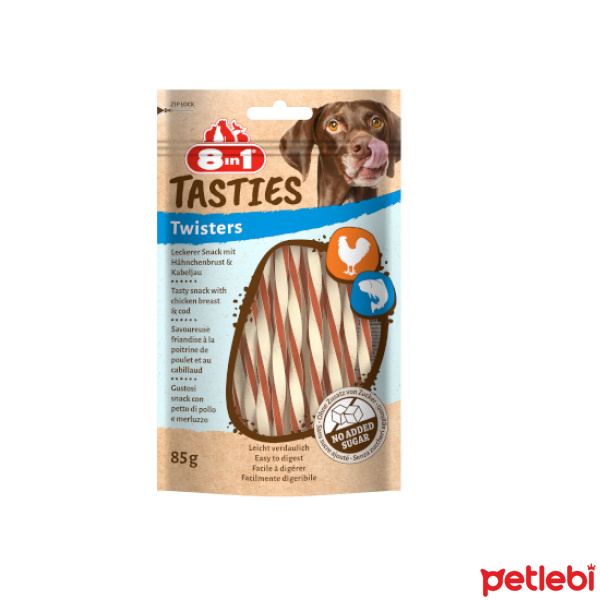 8in1 Tasties Twisters Tavuklu ve Morina Balıklı Köpek Ödül Maması 85gr