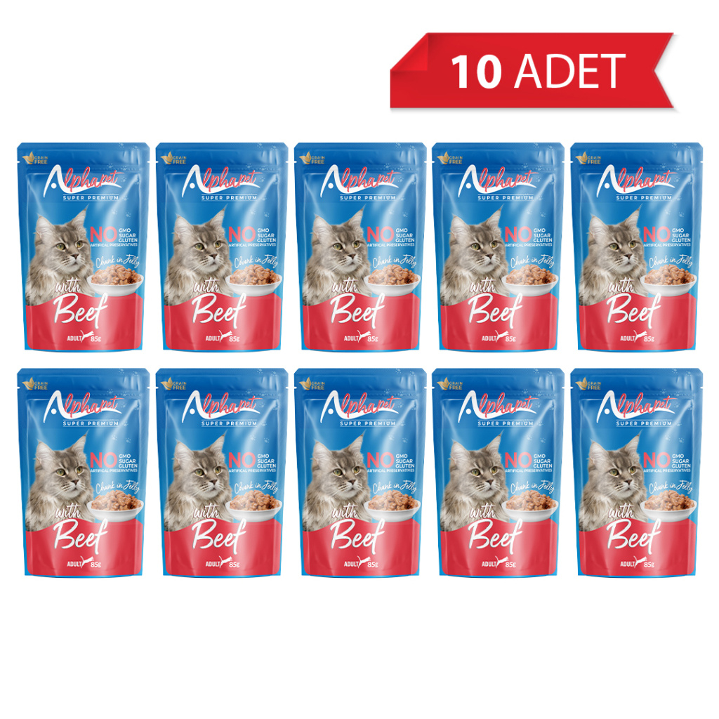 Alphapet Jöle İçinde Parça Sığır Etli Yetişkin Kedi Konservesi 85gr (10'lu)