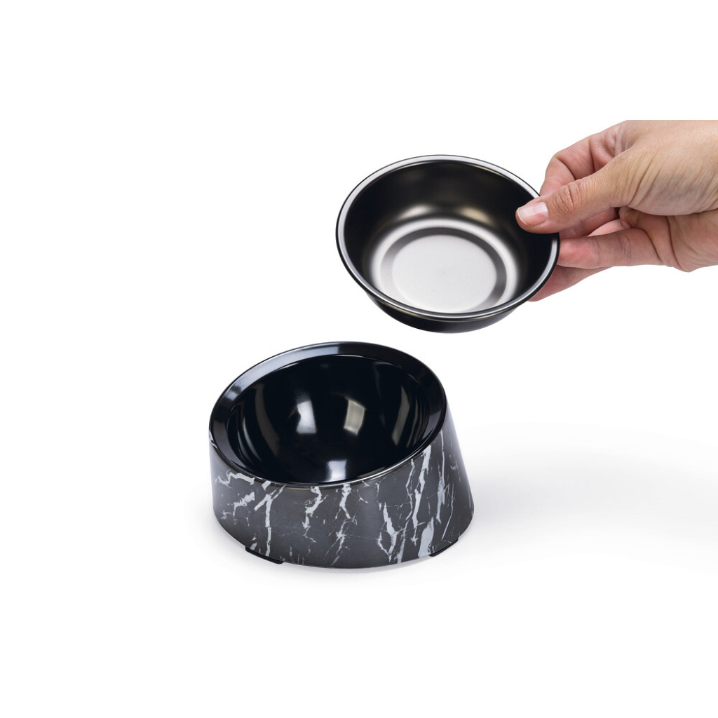 Beeztees Dbl Paslanmaz Çelik Kedi Mama ve Su Kabı 14,5x3,3x7,6cm 160ml (Siyah Mermer Görünümlü)
