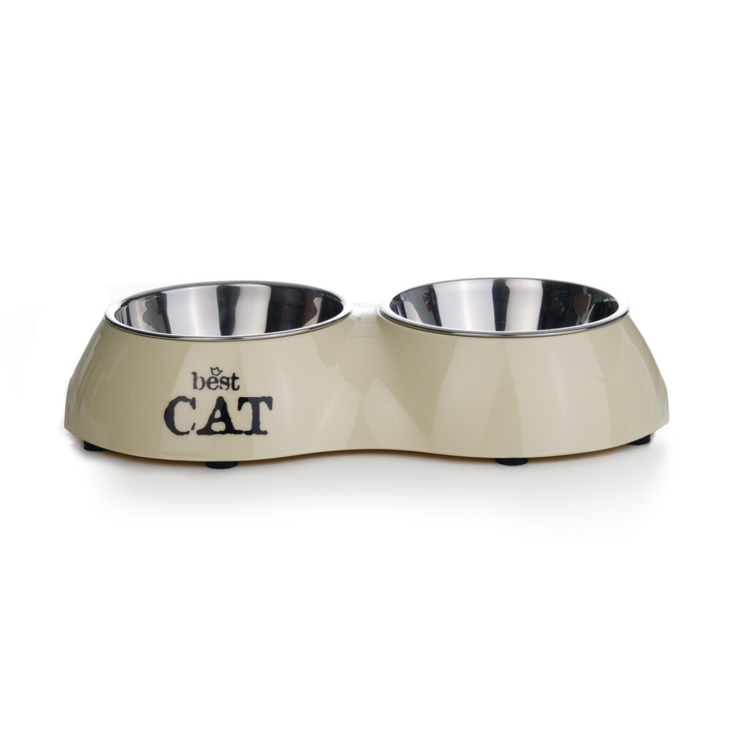 Beeztees Melamine Paslanmaz Çelik İkili Kedi Mama ve Su Kabı 2x160ml (Bej)