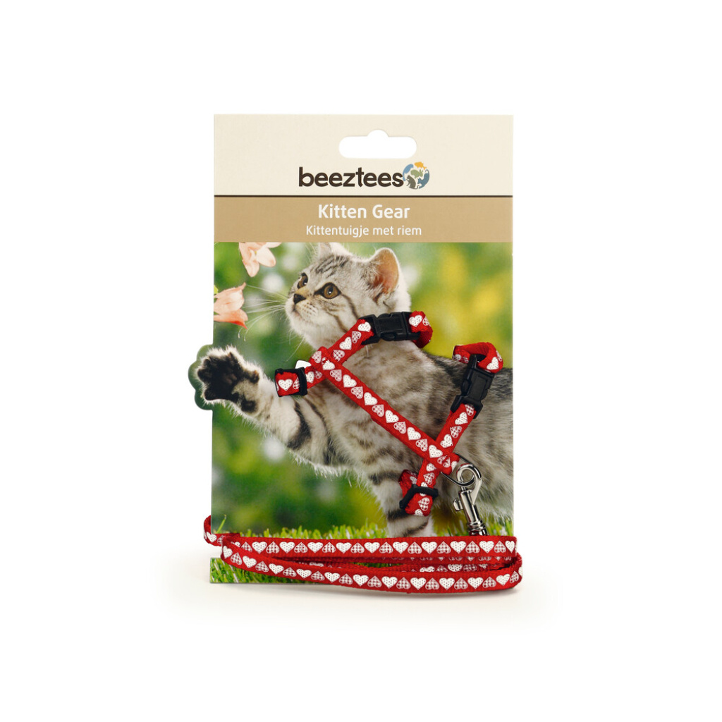 Beeztees Hearts Yavru Kedi Göğüs Tasması ve Gezdirme Kayışı 120cm (Kırmızı)