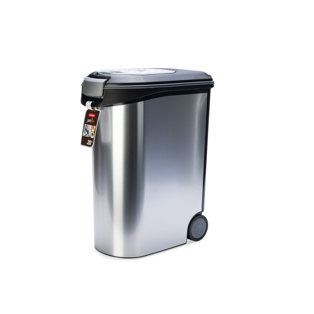 Beeztees Plastik Tekerlekli Kapaklı Metal Görünümlü Köpek Mama Saklama Kabı 54L