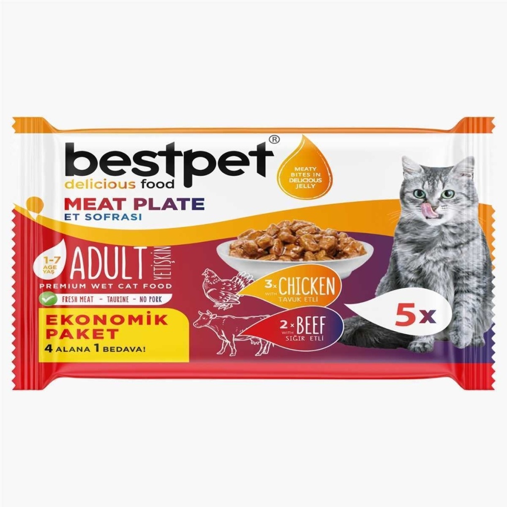 BestPet Sığır Etli ve Tavuk Etli Taurinli Yetişkin Kedi Maması 85gr (4 Adet) + 1 Adet HEDİYE!