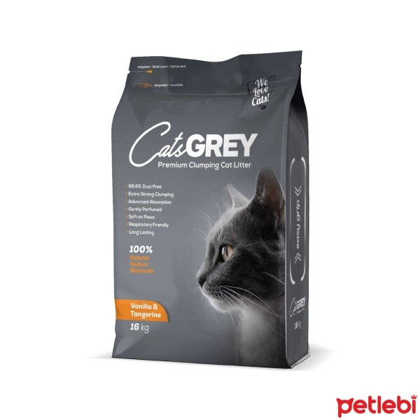 CatsGREY Premium Vanilya ve Mandalina Kokulu Tozsuz Topaklanan İnce Taneli Bentonit Kedi Kumu 16kg