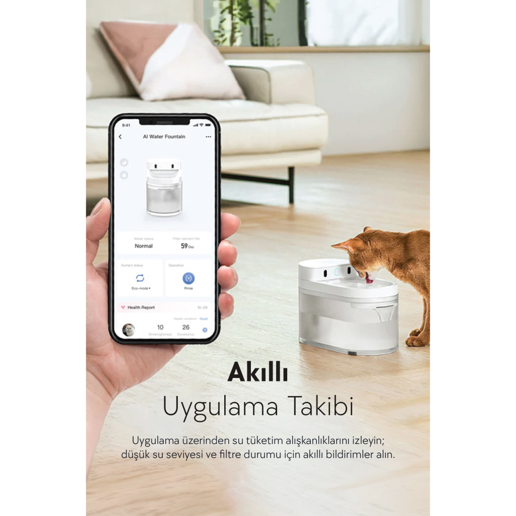 CATLINK Pure 3 Yapay Zeka Destekli Kedi ve Küçük Irk Köpekler için Kablosuz Otomatik Su Kabı 2,3lt