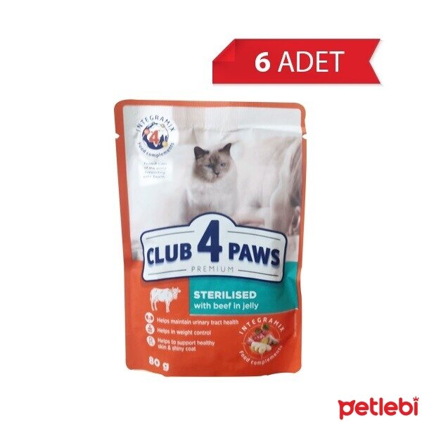 Club4Paws Premium Pouch Jöle İçinde Dana Etli Kısırlaştırılmış Kedi Konservesi 80gr (6 Adet)