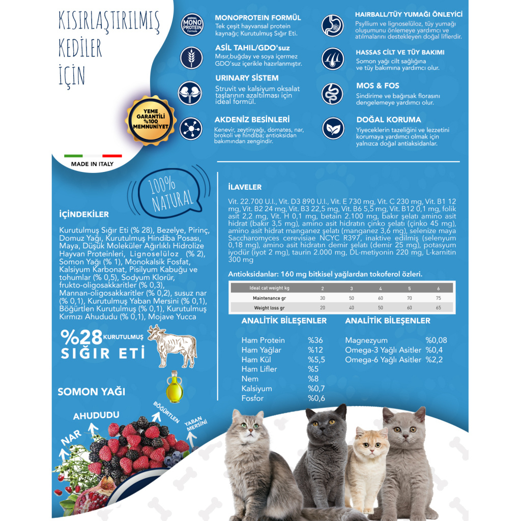 Exclusion Monoprotein Sığır Etli ve Narlı Düşük Tahıllı Kısırlaştırılmış Kedi Maması 12kg