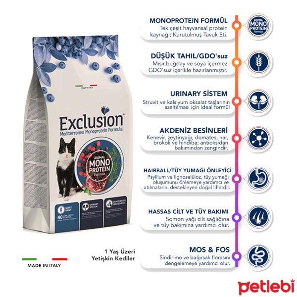 Exclusion Monoprotein Tavuklu ve Narlı Düşük Tahıllı Kısırlaştırılmış Kedi Maması 12kg