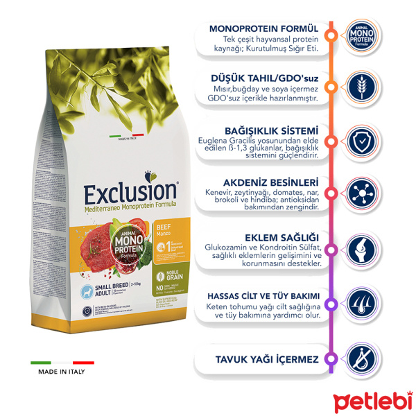 Exclusion Monoprotein Sığırlı ve Narlı Düşük Tahıllı Küçük Irk Yetişkin Köpek Maması 2kg
