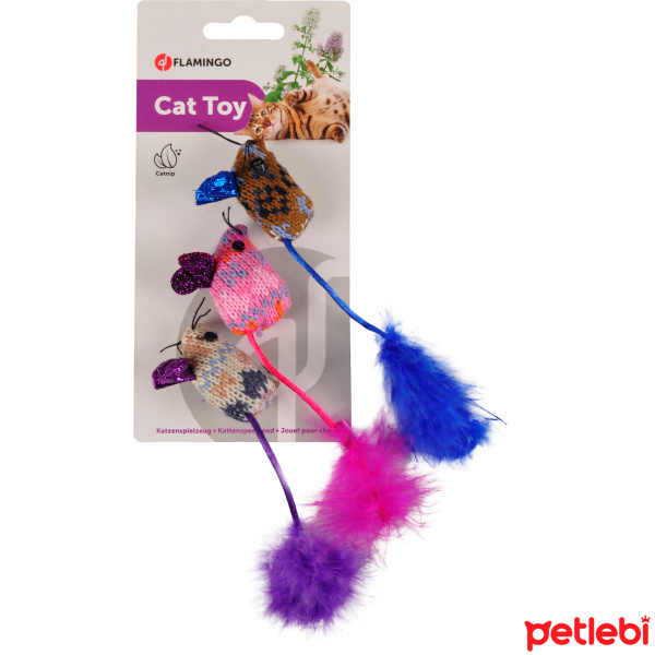 Flamingo Catnipli Tüylü Peluş Fare Kedi Oyuncağı 18cm (3'lü) (Karışık Renkli)