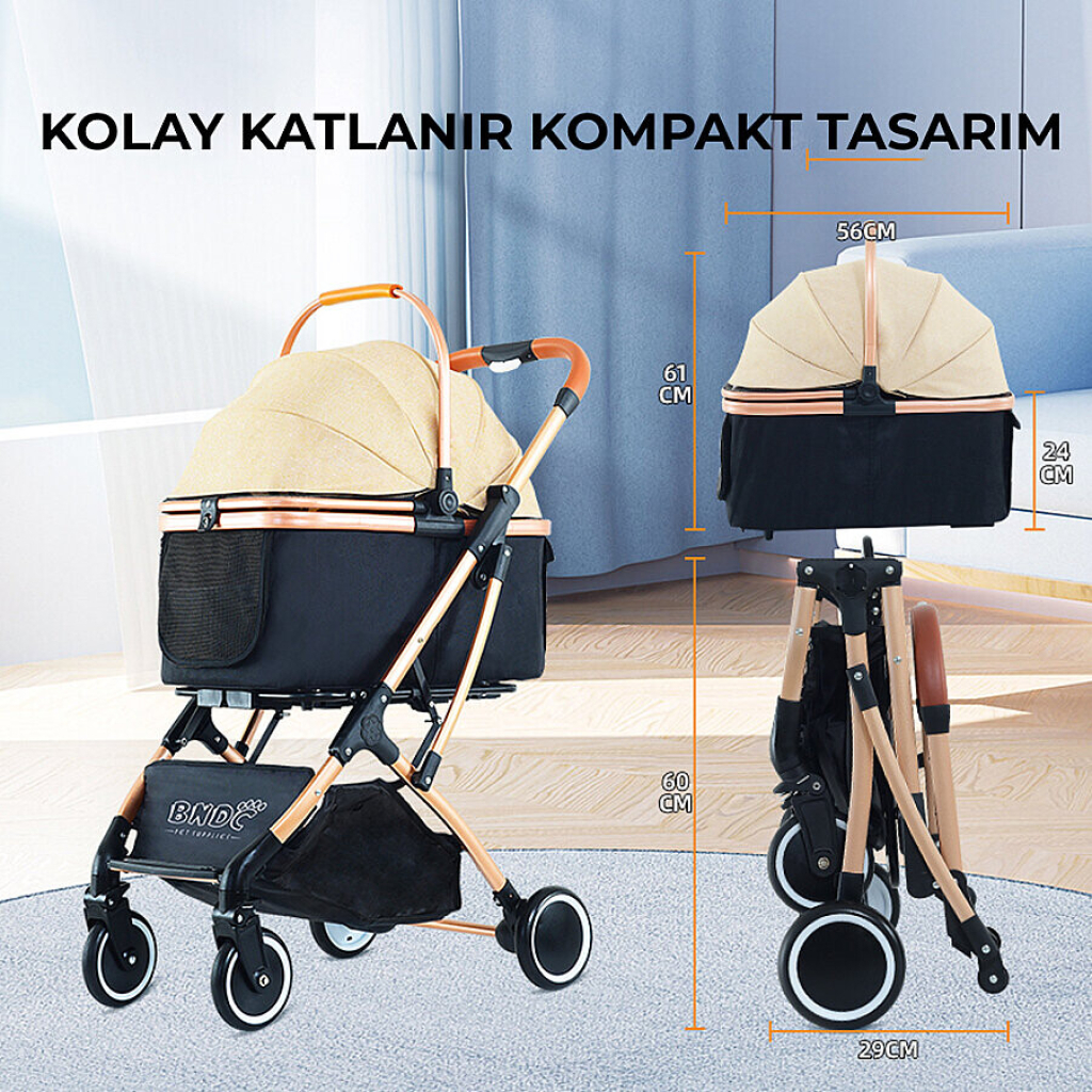 Flip Henan Benedict Kedi ve Küçük Irk Köpek Taşıma Arabası 48x76x101cm (Gri)