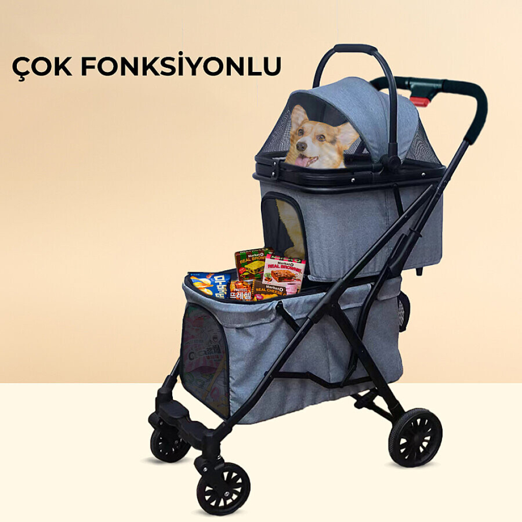 Flip Henan Benedict İki Katlı Kedi ve Küçük Irk Köpek Taşıma Arabası 50x80x105cm (Haki)