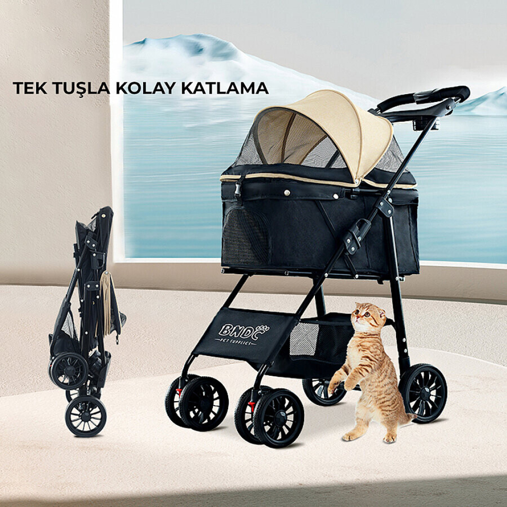 Flip Henan Benedict Kedi ve Küçük Irk Köpek Taşıma Arabası 45x63x93cm (Haki)