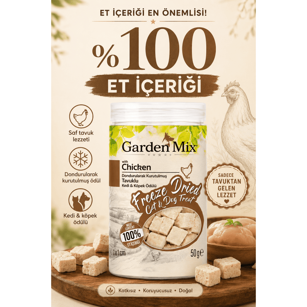 Garden Mix Dondurularak Kurutulmuş Tavuklu Kedi ve Köpek Ödül Maması 50gr