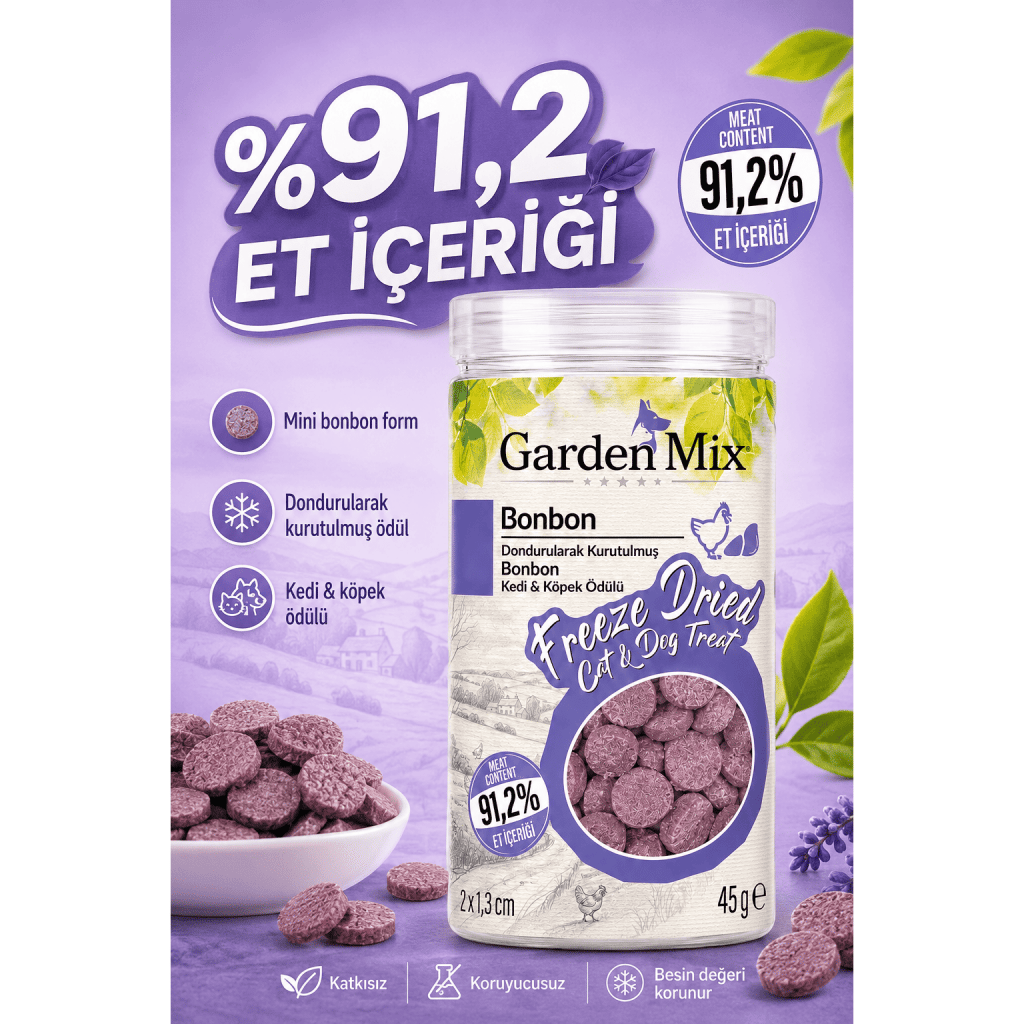 Garden Mix Dondurularak Kurutulmuş Bonbon Kedi ve Köpek Ödül Maması 45gr