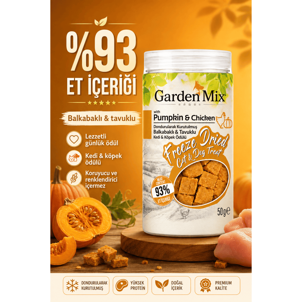 Garden Mix Dondurularak Kurutulmuş Bal Kabaklı Kedi ve Köpek Ödül Maması 50gr