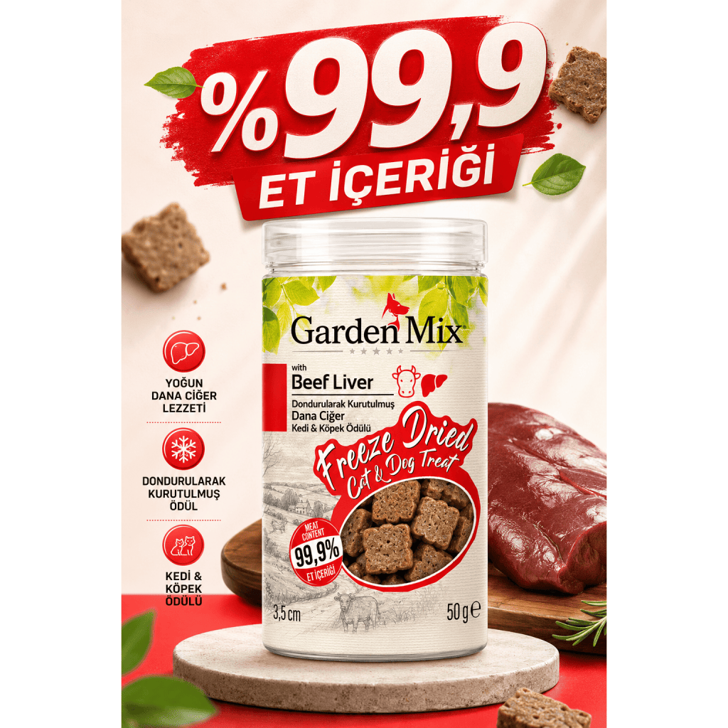 Garden Mix Dondurularak Kurutulmuş Dana Ciğerli Kedi ve Köpek Ödül Maması 50gr
