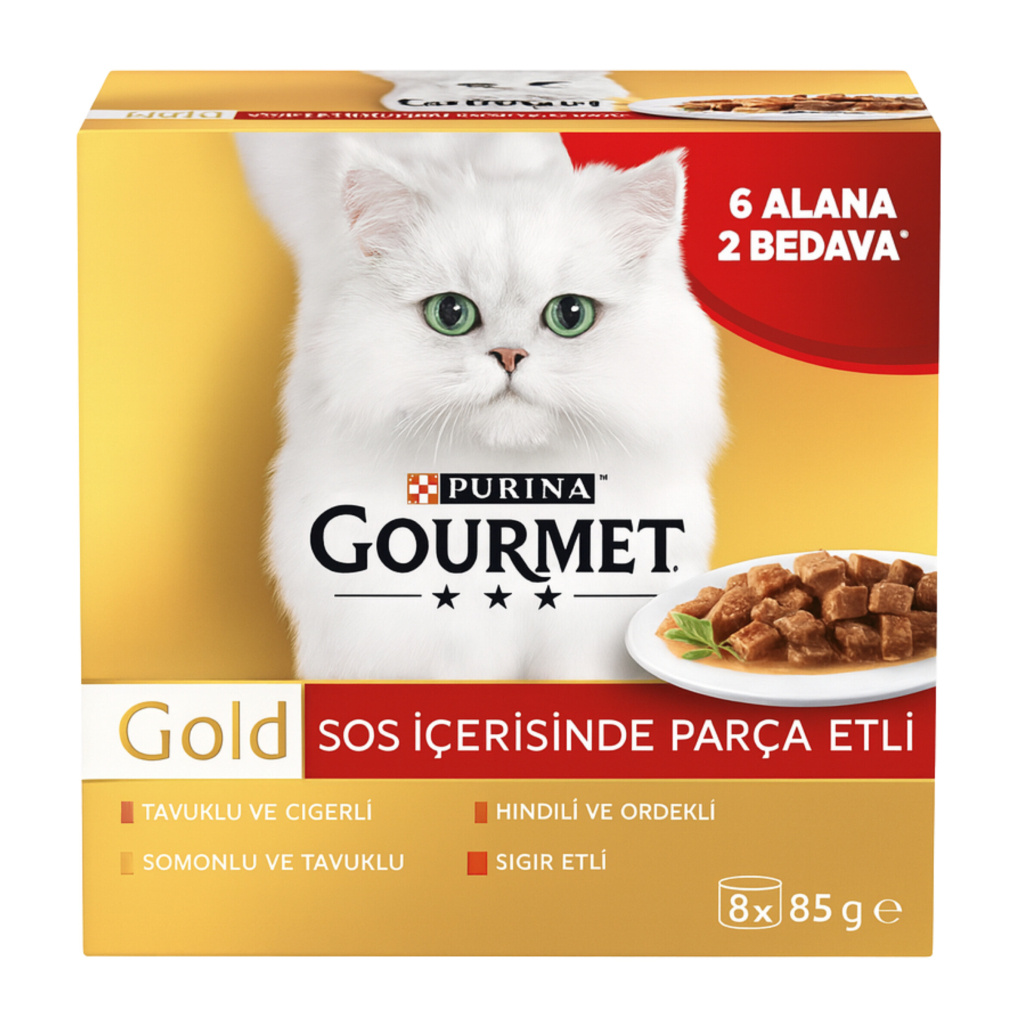 Gourmet Gold Soslu Parça Etli Karışık Çeşitli Yetişkin Kedi Konservesi 8x85gr (8 AL 6 ÖDE)