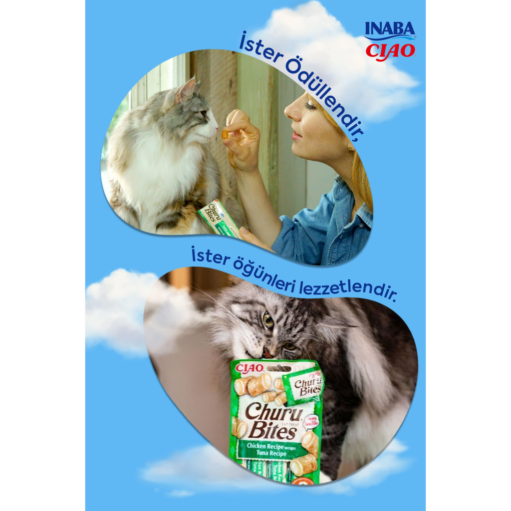INABA CIAO Churu Bites Tavuk Sargılı Ton Balıklı ve Somonlu Kedi Ödül Maması 10gr (3'lü)