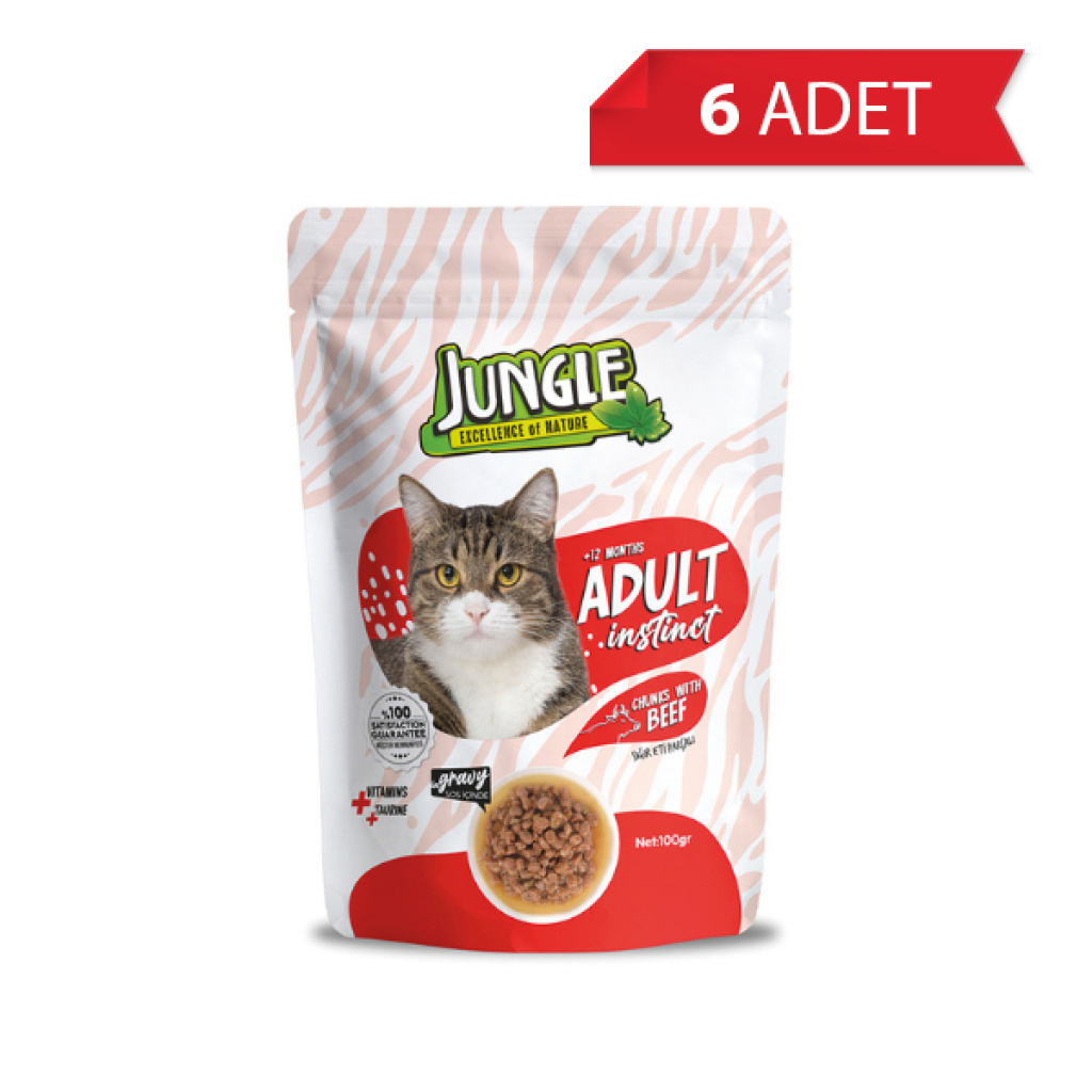 Jungle Pouch Sığır Eti Parçalı Soslu Yetişkin Kedi Konservesi 100gr (6 Adet)