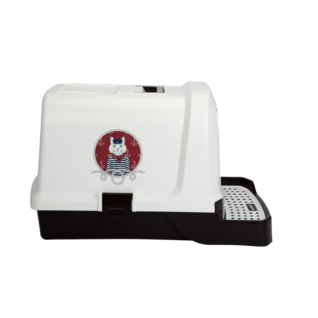 M-Pets Denizci Kedi Desenli Kapalı Kedi Tuvaleti 69x42x41cm (Beyaz)