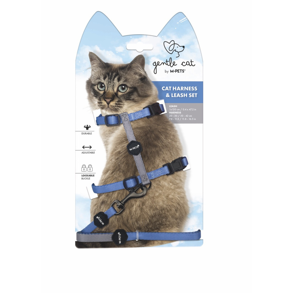 M-Pets Gentle Kedi Göğüs Tasması ve Gezdirme Seti 120cm (Mavi)