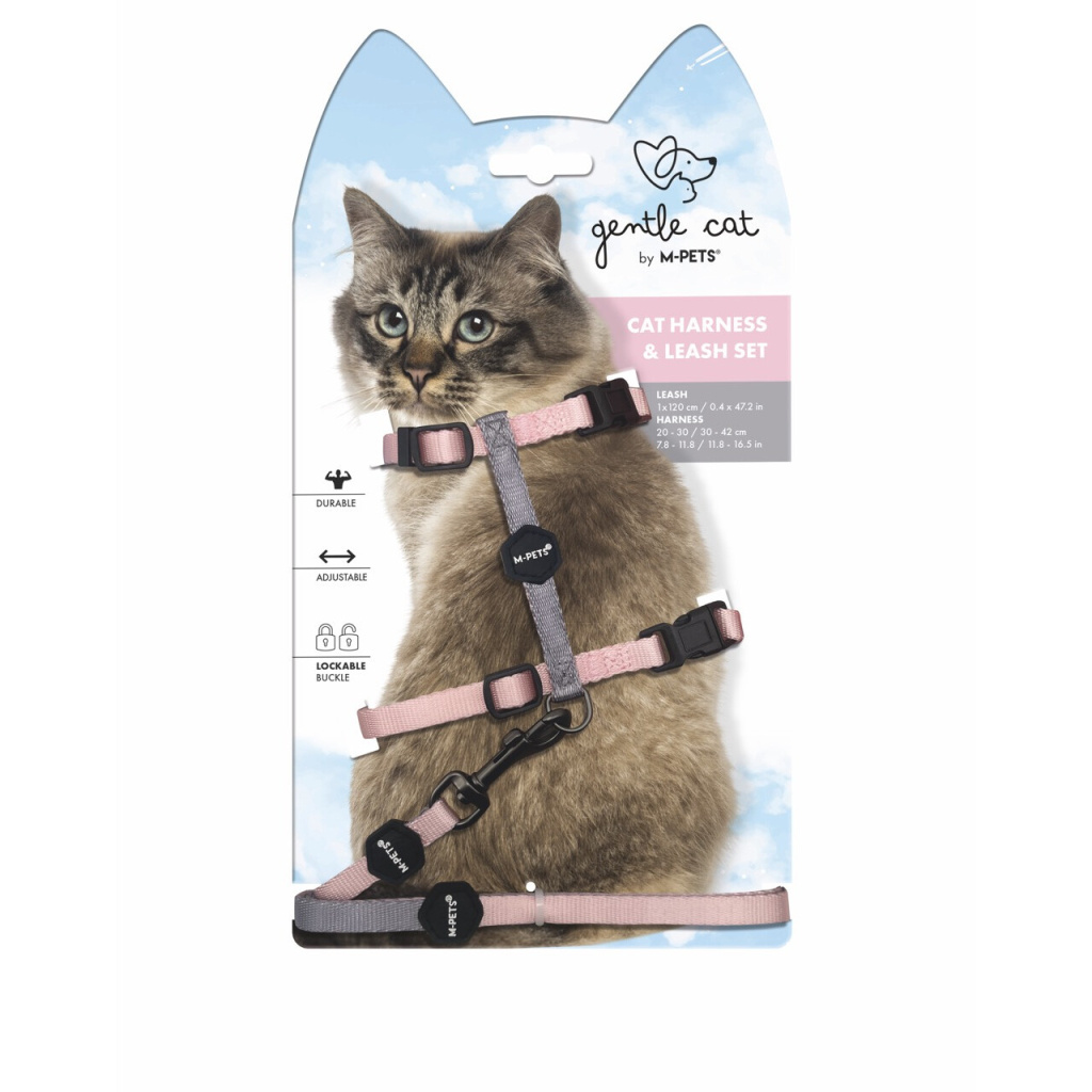 M-Pets Gentle Kedi Göğüs Tasması ve Gezdirme Seti 120cm (Pembe)