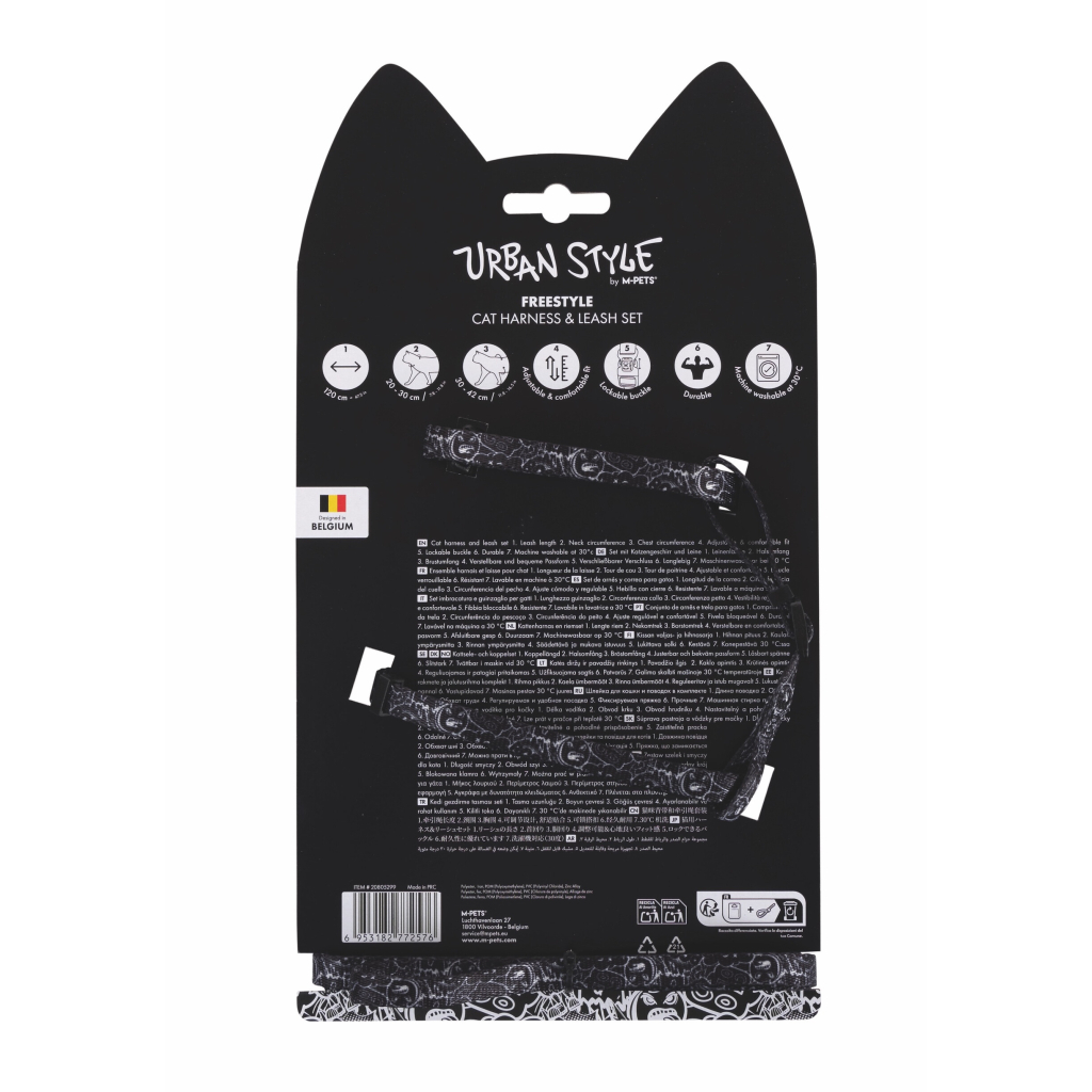 M-Pets Urban Style Freestyle Kedi Göğüs Tasması Seti 120cm (Siyah-Beyaz)