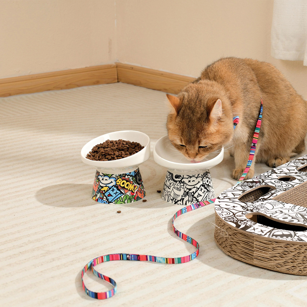 M-Pets Urban Style Kediler İçin Seramik Mama ve Su Kabı 10,5x10,6x8cm (150ml)