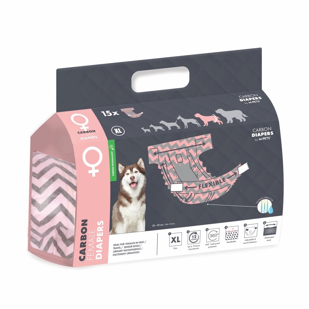 M-Pets Karbonlu Diapers Dişi Köpekler İçin Külot Bez 40-60cm [XL] (15'li)