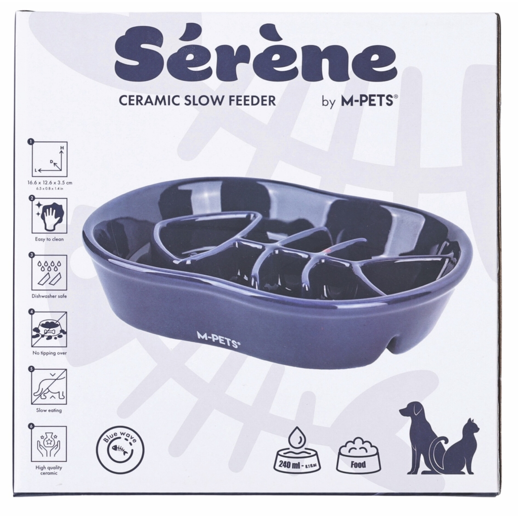 M-Pets Serene Balıklı Seramik Yavaş Yeme Mama Kabı 240ml (Lacivert)