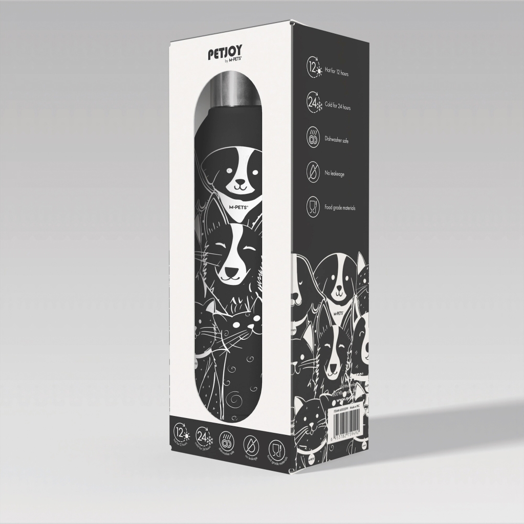 M-Pets Petjoy Purrfect Petfamily Kedi ve Köpek Desenli Seyahat Termosu 500ml (Siyah Beyaz)