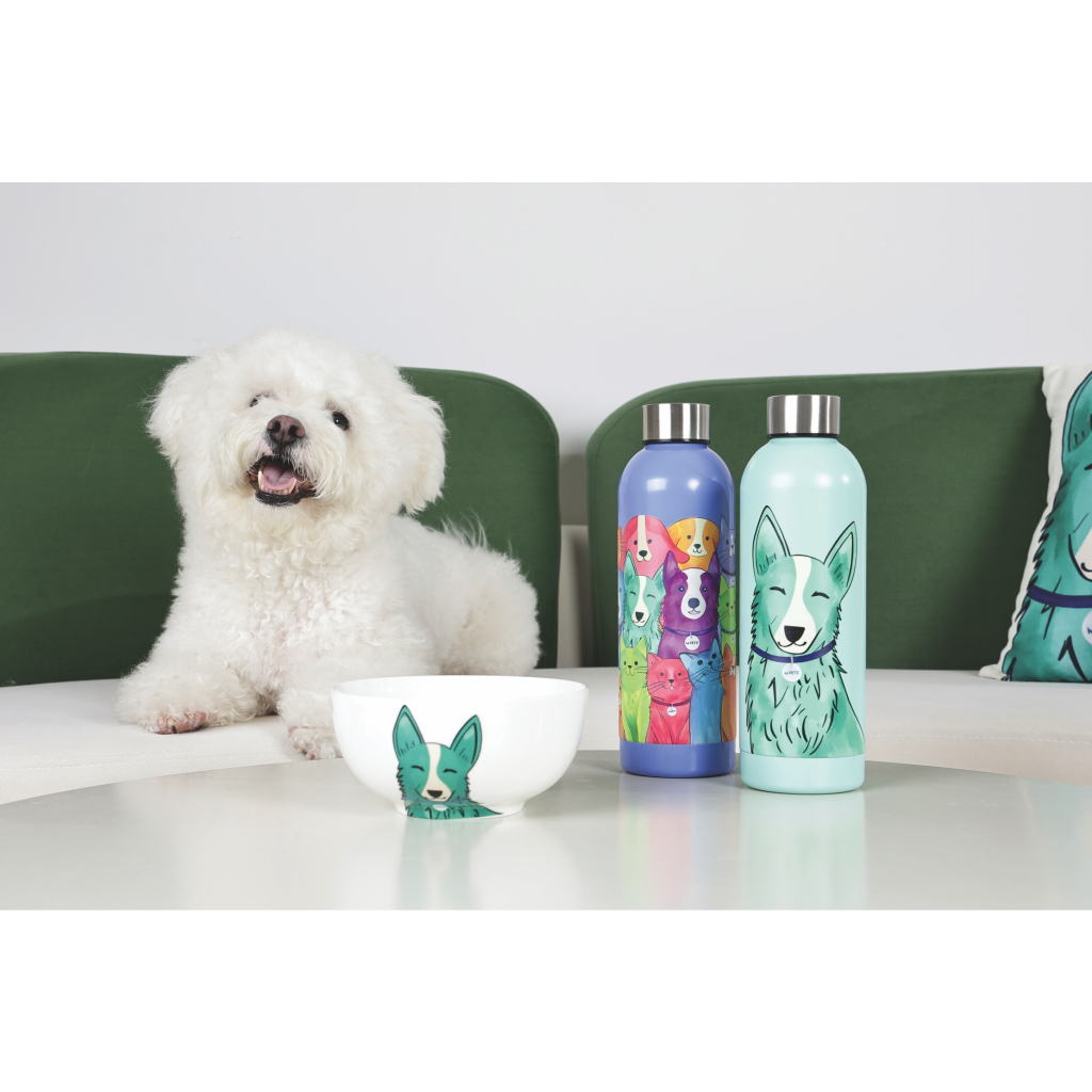 M-Pets Petjoy Purrfect Petfamily Kedi ve Köpek Desenli Seyahat Termosu 500ml (Mavi)