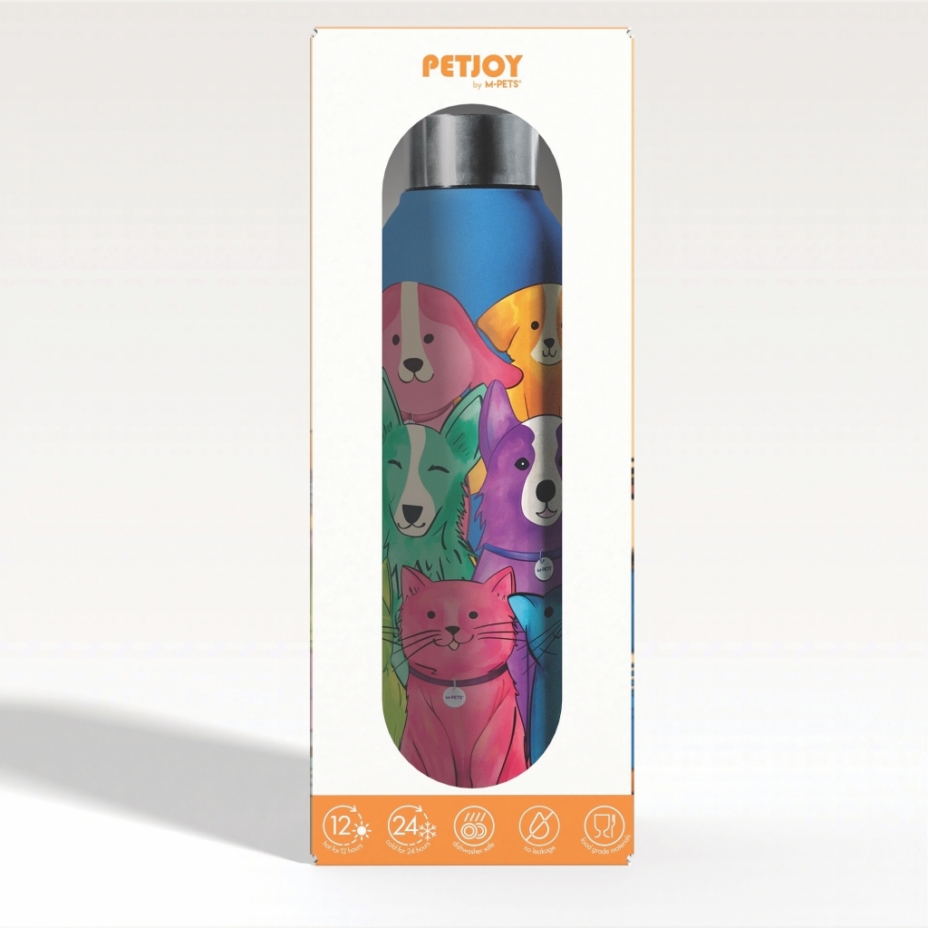 M-Pets Petjoy Purrfect Petfamily Kedi ve Köpek Desenli Seyahat Termosu 500ml (Mavi)