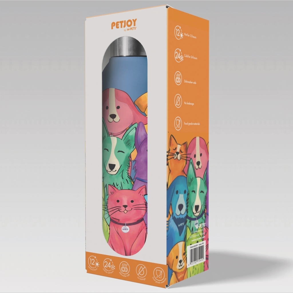 M-Pets Petjoy Purrfect Petfamily Kedi ve Köpek Desenli Seyahat Termosu 500ml (Mavi)